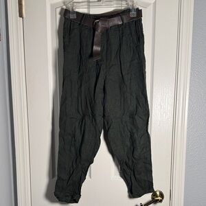 NWOT Women's Italian Boutique Dark Green Relaxed Linen Trousers + Leather Belt